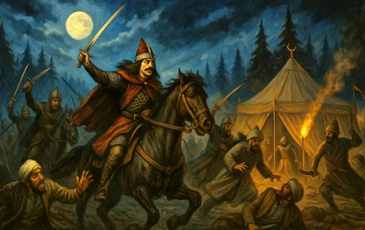 Vlad Tepeş’in 1462’de Osmanlı kampına düzenlediği ünlü gece baskınında, at üzerinde kılıçla ilerlediği; karanlık orman, çadırlar ve şaşkın Osmanlı askerlerinin görüldüğü kaotik savaş sahnesi.